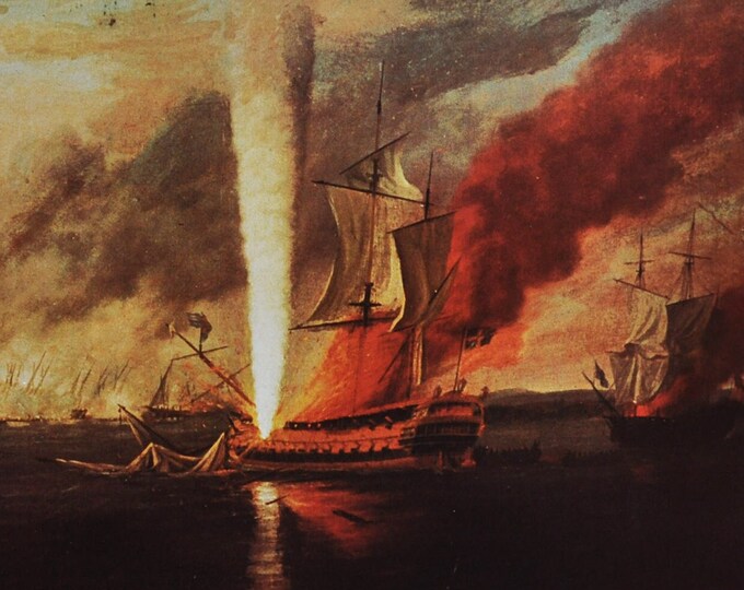 Destruction of HMS Augusta in Delaware River October 23 1777 - Original Military Print from 1970s (naval history us royal navy fort mifflin)