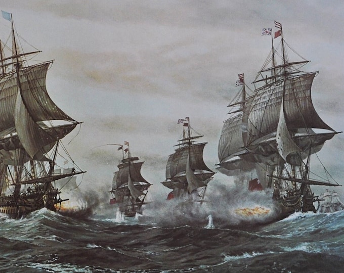 Battle of the Virginia Capes September 5 1781 - Original Military Print from 1970s (naval history usa navy war ship revolutionary de grasse)