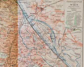 Vienna Metropolitan - original antique map from 1902 (country, city, province, region, Austria, Wien, Danube, Donau, Österreich)