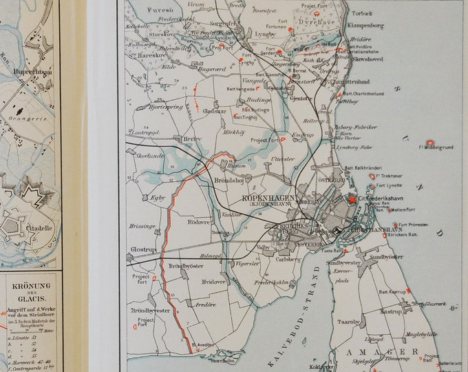 Siege Warfare of Copenhagen & Strassburg - original antique map from 1902 (country, city, province, europe, Germany, Denmark Christianshavn)