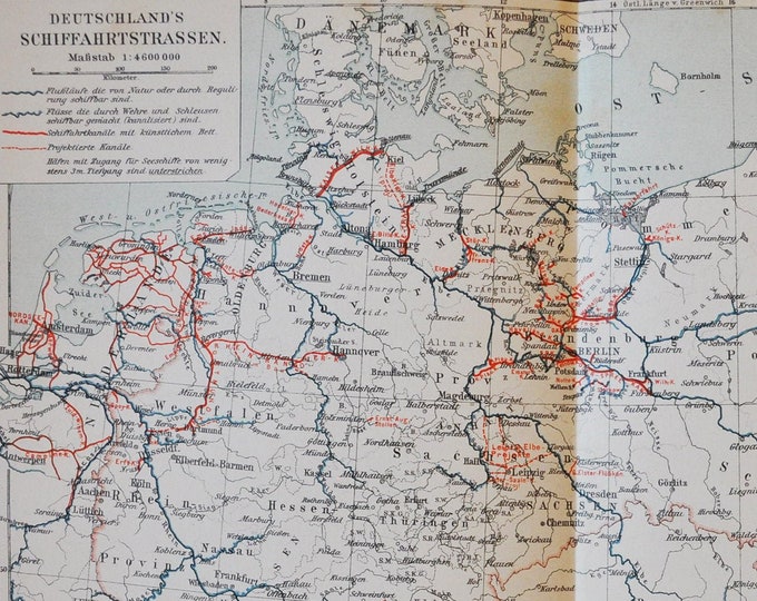 Waterways Germany - original antique map from 1902 (country, city, province, region, metropolitan area, continent, rivers, seas, channels)