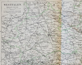 Westphalia (Germany) - original antique map from 1902 (country, city, province, region, westfalen, munster, lippe, dusseldorf, krefeld)