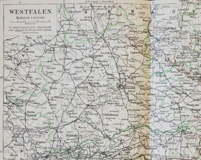 Westphalia (Germany) - original antique map from 1902 (country, city, province, region, westfalen, munster, lippe, dusseldorf, krefeld)