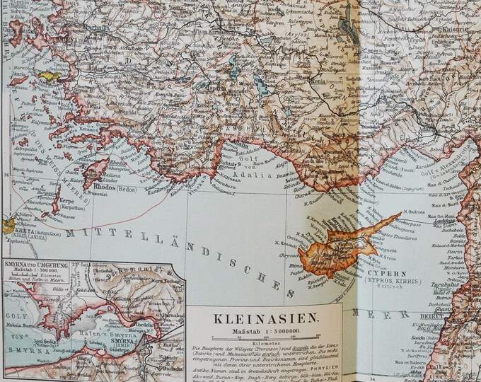 Asian Turkey - original antique map from 1902 (country, city, province, region, metropolitan area, continent, Anatolia, Ataturk, Europe)