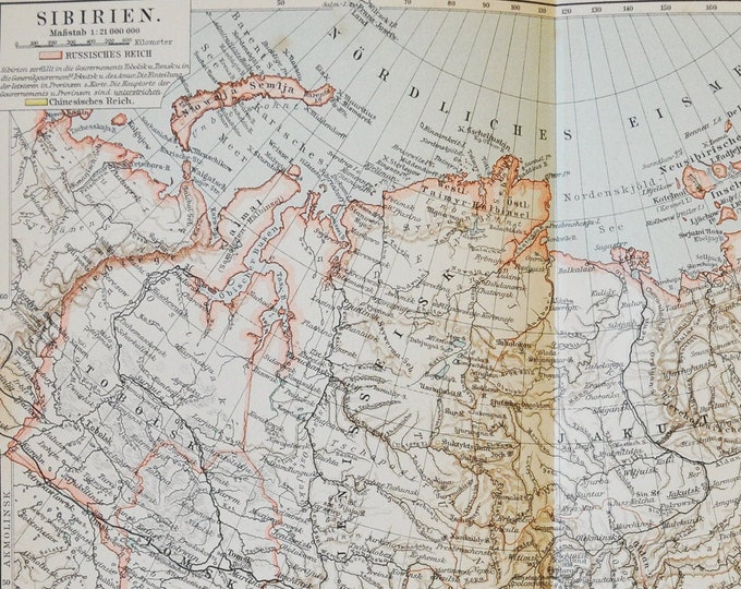 Siberia - original antique map from 1902 (country, city, province, region, metropolitan area, Russia, Asia, Ural, Altai, Verkhoyansk)