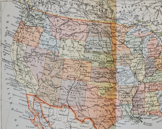 USA & Mexico - original antique map from 1902 (country, city, province, region, metropolitan area, continent, rivers, states, gulf, pacific)
