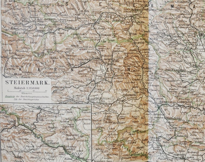 Styria / Steiermark - original antique map from 1902 (country, city, province, region, metropolitan area, continent, Europe, Austria, Graz)