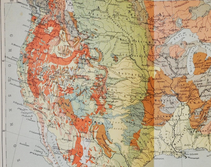 Geological USA & Mexico - original antique map from 1902 (country, city, province, region, metropolitan area, continent, rivers geologic)