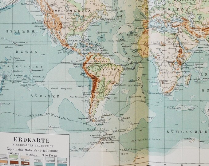 The World (Mercator Projection) - original antique map from 1902 (country, city, province, region, metropolitan, continents, cylindrical)