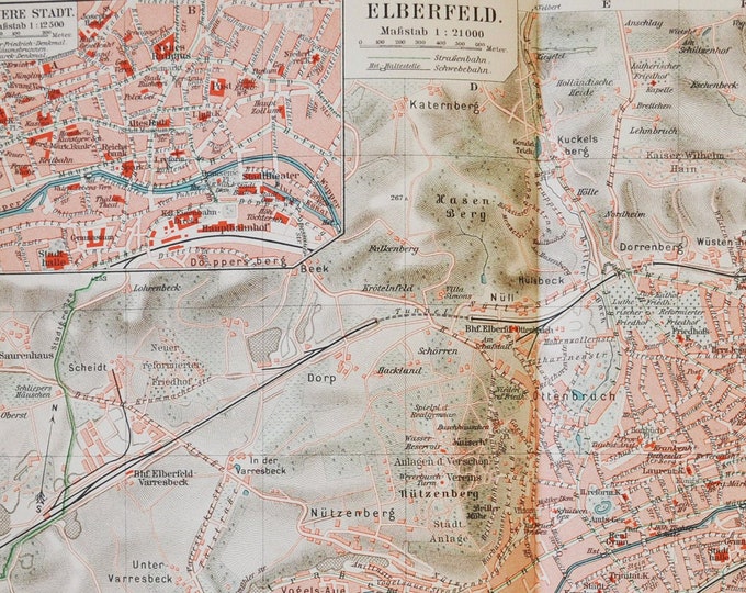 Elberfeld - original antique map from 1902 (country, city, province, region, metropolitan area, continent, germany, downtown, Wuppertal)