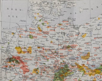 Industrial Map of Germany - original antique map from 1902 (country, city, province, europe, textiles, industry, Minerals, manufacturing)