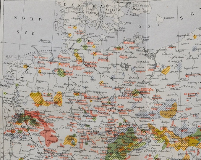 Industrial Map of Germany - original antique map from 1902 (country, city, province, europe, textiles, industry, Minerals, manufacturing)