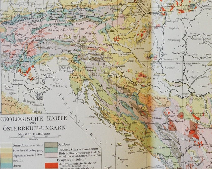 Geological of the Austro-Hungarian Empire - original antique map from 1902 (country, city, province, europe, Austria-Hungary, geologic)
