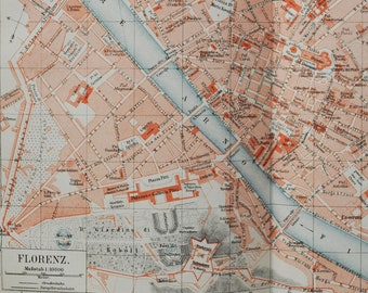 Florence - original antique map from 1902 (country, city, italy, firenze, tuscany, uffizi, palazzo pitti, fiume arno, machiavelli, medici)