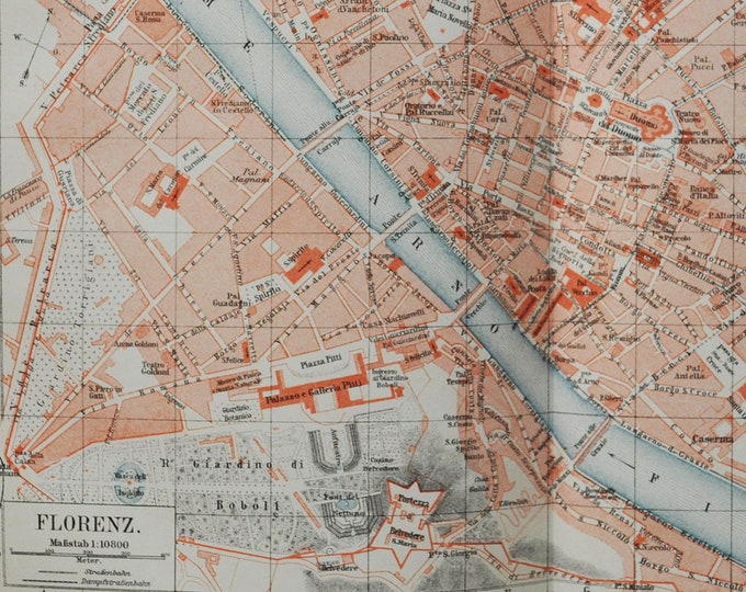 Florence - original antique map from 1902 (country, city, italy, firenze, tuscany, uffizi, palazzo pitti, fiume arno, machiavelli, medici)
