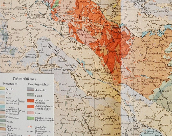 Geological Thuringia / Thüringen (Germany) - original antique map from 1902 (country, city, province, region, metropolitan area, geologic)