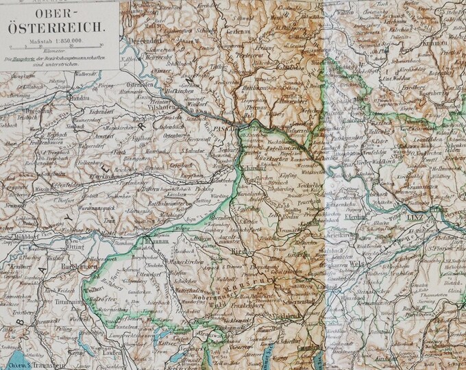 Upper Austria - original antique map from 1902 (country, city, province, region, metropolitan area, Ober-österreich, Northern, Linz, Danube)
