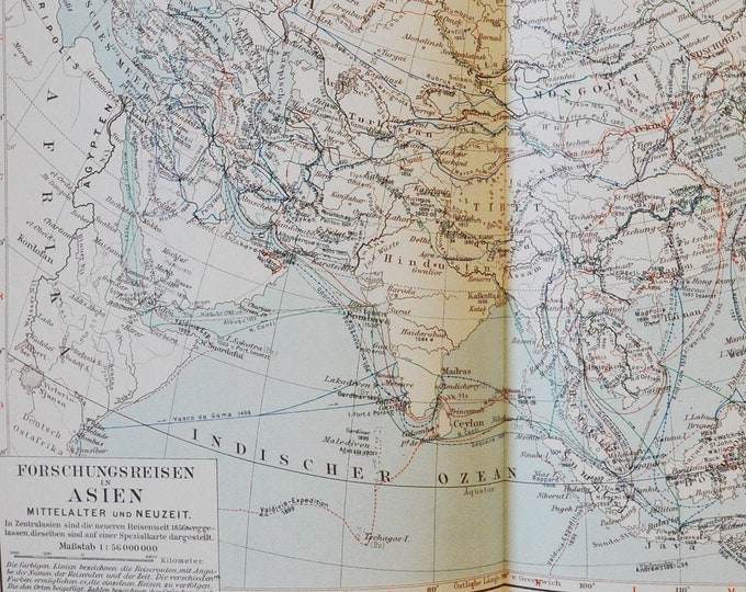 European Exploration of Asia - original antique map from 1902 (country, city, province, metropolitan, Vasco de Gama, Magellan, expedition)