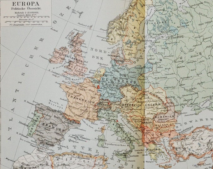 Europe - original antique map from 1902 (country, city, province, region, metropolitan area, geography, continent, germany, france, england)