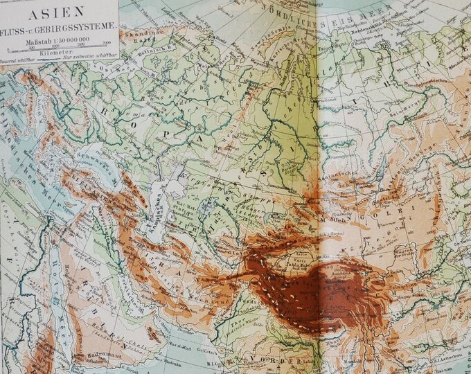 Asia Mountain and River Systems - original antique map from 1902 (country, city, province, metropolitan, Himalayas, Tibet, Kunlun, Ural)