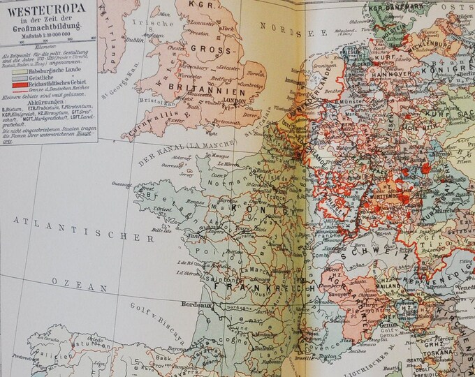 Western Europe - original antique map from 1902 (country, city, province, europe, Spain, France, Germany, The Netherlands, Great Britain)