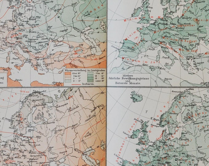 Europe Climates - original antique map from 1902 (country, city, province, region, metropolitan area, elevation, weather, summer, winter)