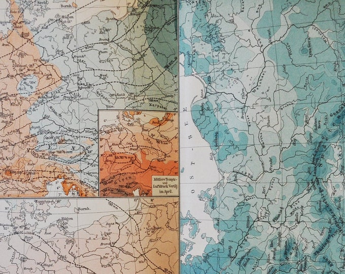 Climate Map of Germany - original antique map from 1902 (country, city, province, europe, average temperature, celcius, warm, cold, rain)