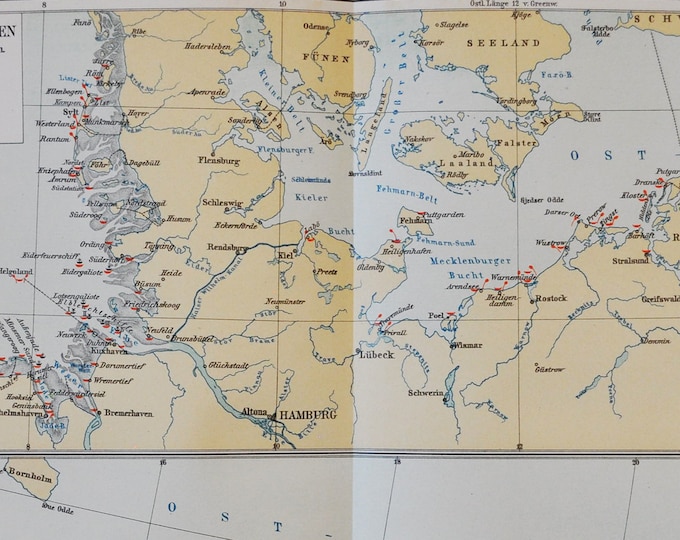 Rescue Stations on the Germany Coast - original antique map from 1902 (country, city, province, region, metropolitan, sea, ocean baltic sea)