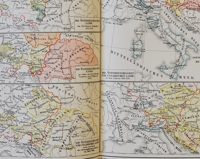 History of Austro-Hungarian Empire - original antique map from 1902 (country, city, province, region, metropolitan, europe, Austria-Hungary)