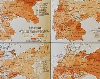 Spread of Diseases in Germany - original antique map from 1902 (country, city, province, europe, diphtheria, tuberculosis, cancer, typhus)