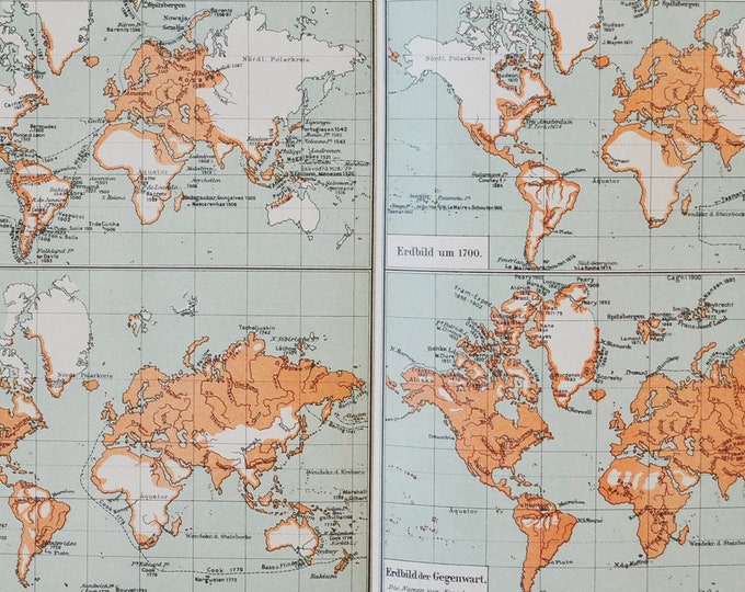 History of the World - original antique map from 1902 (country, city, province, region, metropolitan area, geography, continents, seas)