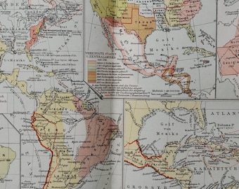 History of the Americas - original antique map from 1902 (country, city, province, states, United States of America, South America Colonial)