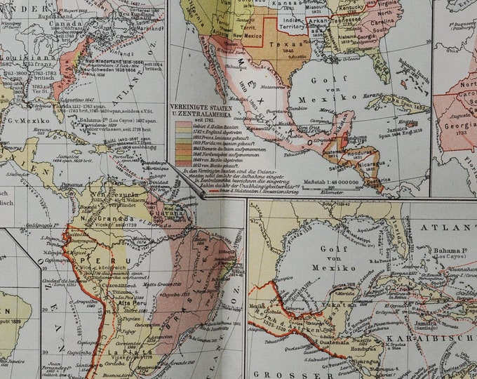 History of the Americas - original antique map from 1902 (country, city, province, states, United States of America, South America Colonial)