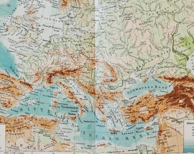 Europe River and Mountain Systems - original antique map from 1902 (country, city, province, region, metropolitan area, elevation, region)