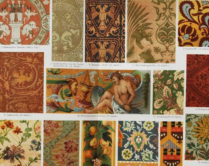 Tapestries - Original Antique Print - 1906 (colors, patterns, Coptic, Italian, Europe, Japan, China, Persian, France, textile art, velvet)