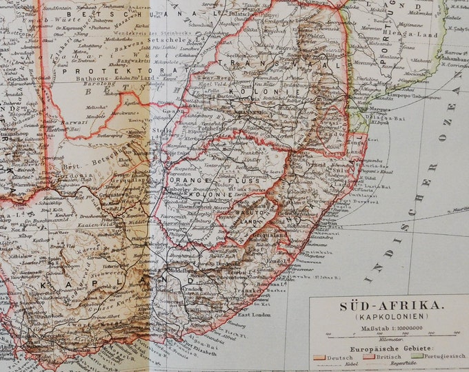 South Africa - original antique map from 1902 (country, city, province, Kapland, Natal, Damaraland, Transvaal, Colonial, Portugal, British)