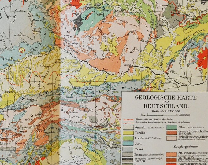 Geological Germany - original antique map from 1902 (country, city, province, region, metropolitan area, continent, rivers, seas, geologic)