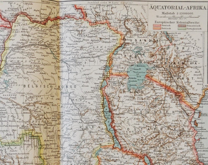 Equatorial Africa European Colonialism - original antique map from 1902 (country, city, province, metropolitan, germany, france, british)