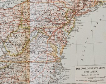 Northeastern United States - original antique map from 1902 (country, city, province, region, states, indiana, virginia, kentucky, new york)