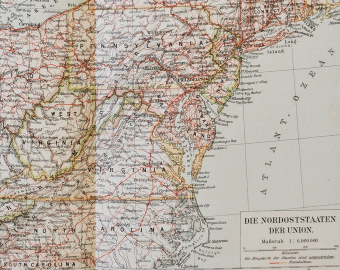 Northeastern United States - original antique map from 1902 (country, city, province, region, states, indiana, virginia, kentucky, new york)