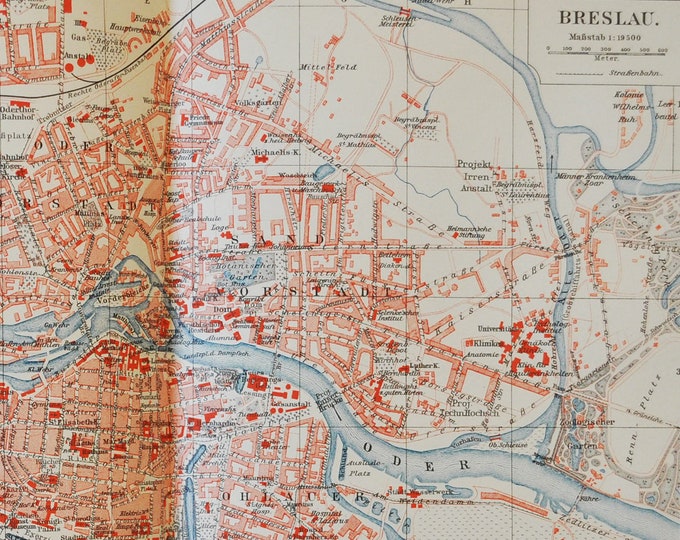 Breslau / Wrocław (Silesia / Poland) - original antique map from 1902 (country, city, province, oder, baltic sea, sudeten mountains, europe)