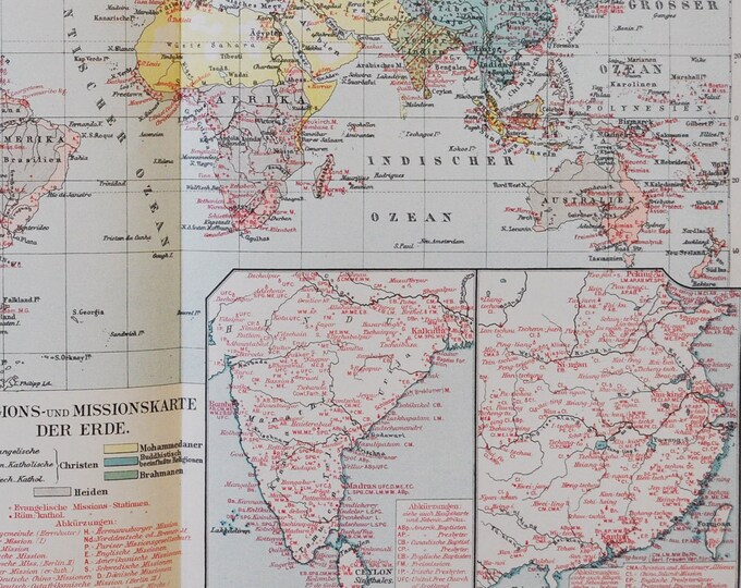 Missionary Map & Religions of the World - original antique map from 1902 (country, city, province, region, metropolitan, islam, catholic)
