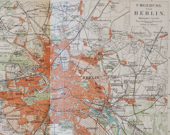 Berlin Metropolitan - original antique map from 1902 (country, city, province, europe, Germany, Rixdorf, Spandau, Malchow, Wartenberg)