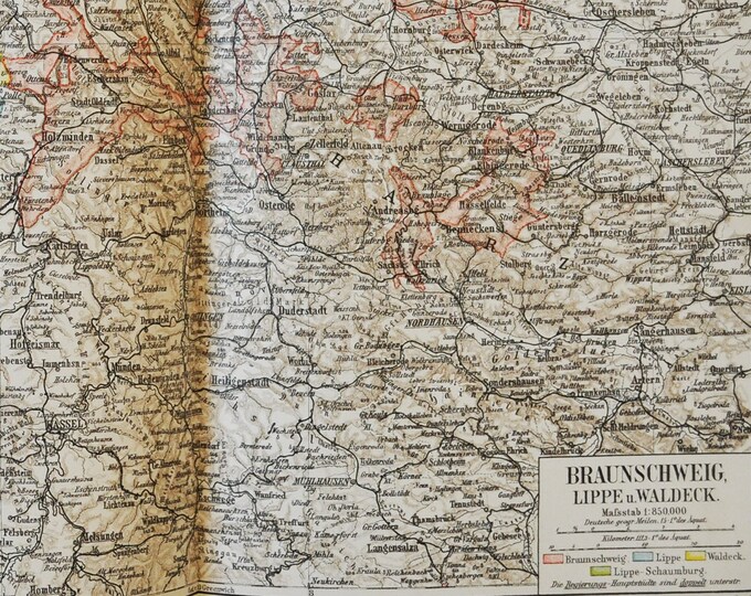 Brunswick / Braunschweig (Germany) - original antique map from 1902 (country, city, province, Lippe, Waldeck, Hannover Nordhausen Magdeburg)