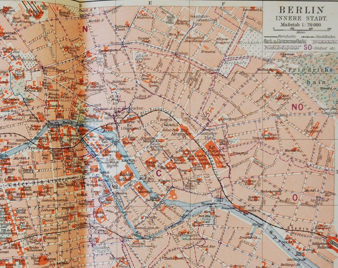 Berlin Downtown - original antique map from 1902 (country, city, province, europe, Germany, Spree River, Tiergarten Friedrichs Hain Rathaus)