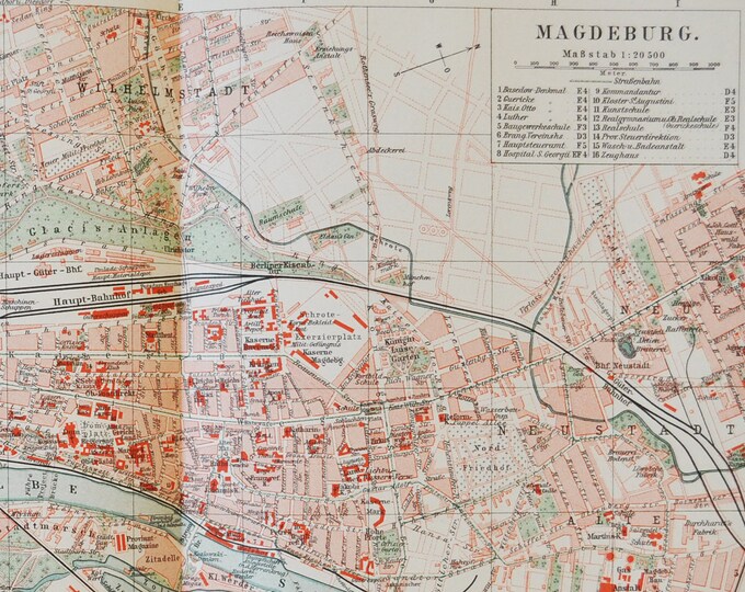 Magdeburg - original antique map from 1902 (country, city, province, region, metropolitan area, continent, germany, downtown, Elbe River)