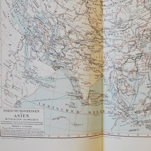 Europäische Erkundung Asiens - original antike Karte von 1902 (Land, Stadt, Provinz, Metropolit, Vasco de Gama, Magellan, Expedition)