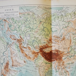 Asia Mountain and River Systems - original antike Karte von 1902 (Land, Stadt, Provinz, Metropolit, Himalaya, Tibet, Kunlun, Ural)