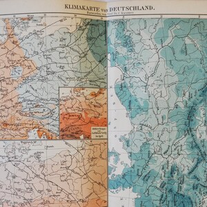 Klimakarte von Deutschland - original antike Karte von 1902 (Land, Stadt, Provinz, Europa, Durchschnittstemperatur, Celcius, warm, kalt, Regen)