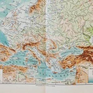 Europe River and Mountain Systems - original antike Karte von 1902 (Land, Stadt, Provinz, Region, Metropolregion, Höhe, Region)